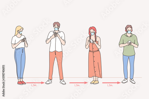 Online chat, social distance, people during COVID-19 pandemic concept. Young people wearing protection medical face mask using mobile phone keeping social distance outdoors 