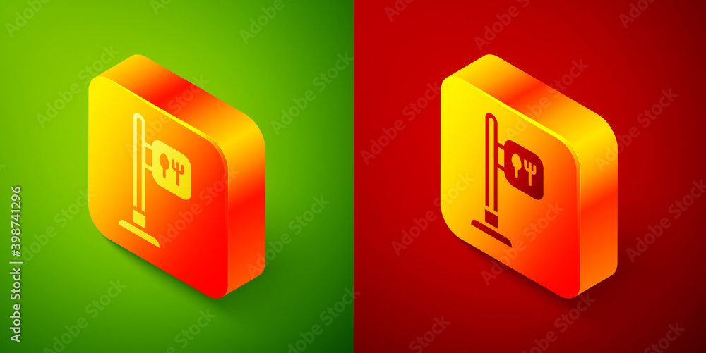 Isometric Cafe and restaurant location icon isolated on green and red background. Fork and spoon eatery sign inside pinpoint. Square button. Vector.. Isometric Cafe and restaurant location icon isolated on green and red background. Fork and spoon eatery sign inside pinpoint. Square button. Vector..