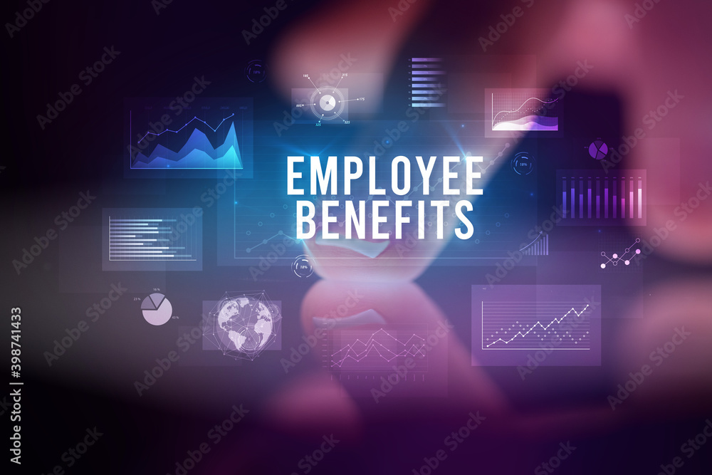 Finger touching tablet with charts and EMPLOYEE BENEFITS inscription, business concept Finger touching tablet with charts and EMPLOYEE BENEFITS inscription, business concept