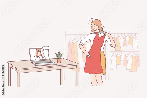Online stylist, fashion consultation, choosing best apparel concept. Woman personal stylist consulting client online and demonstrating clothes to customer on laptop from studio illustration