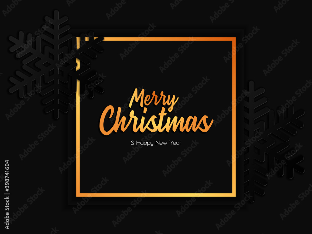 Merry Christmas and Happy New Year lettering vector illustration with snowflake on blue background paper art style with golden elements Merry Christmas and Happy New Year lettering vector illustration with snowflake on blue background paper art style with golden elements