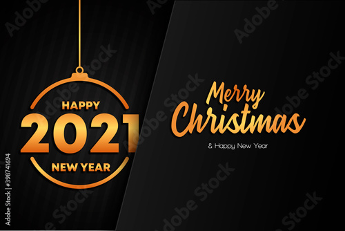 Merry Christmas and Happy New Year 2021. Vector illustration with Christas toy on black background paper art style with golden elemens photo