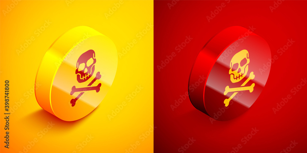 Isometric Skull on crossbones icon isolated on orange and red background. Happy Halloween party. Circle button. Vector. Isometric Skull on crossbones icon isolated on orange and red background. Happy Halloween party. Circle button. Vector.