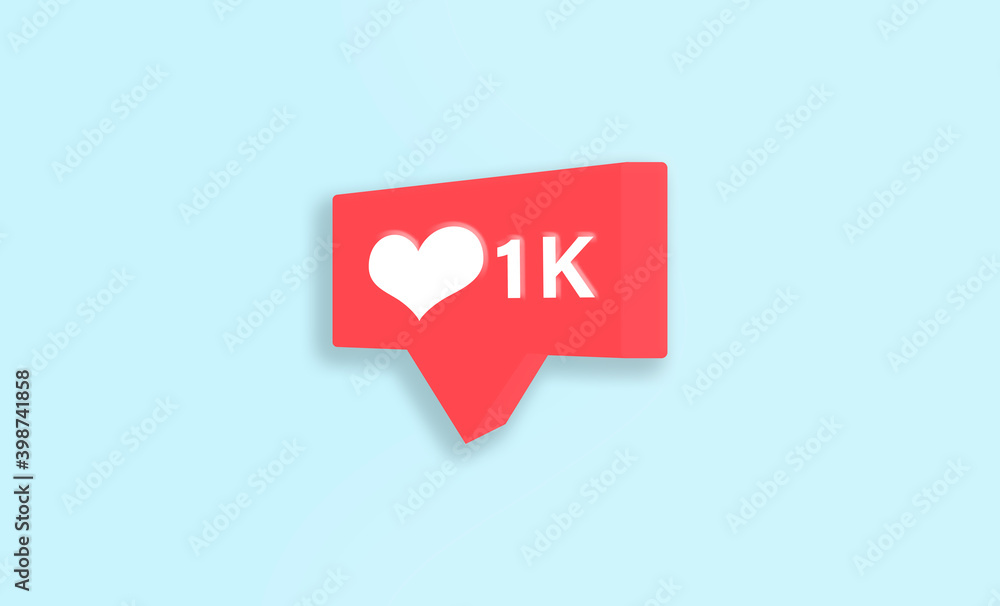 Three-dimensional social network icon in red, one thousand likes, with a heart and the text Three-dimensional social network icon in red, one thousand likes, with a heart and the text