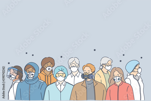 People in protective medical masks, new normal social reality concept. Diverse men and women wearing protection masks from coronavirus COVID-19 virus and urban air pollution standing in crowd 