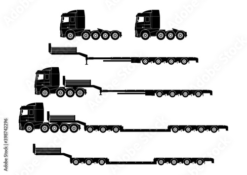 Heavy and oversized transportation. Oversize load transport silhouettes of trucks and trailers. Side view. Flat vector.