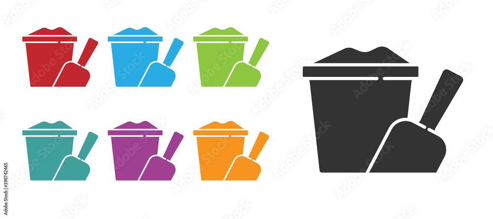 Black Sand in bucket with shovel icon isolated on white background. Plastic kid toy. Summer icon. Set icons colorful. Vector. Black Sand in bucket with shovel icon isolated on white background. Plastic kid toy. Summer icon. Set icons colorful. Vector.