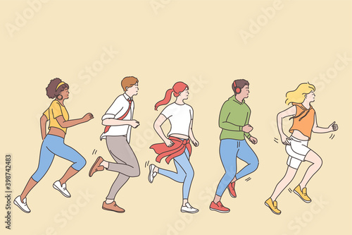 Competition, quick lifestyle, challenge concept. Group of people runners cartoon characters in casual clothing jogging and competing with each other outdoors illustration