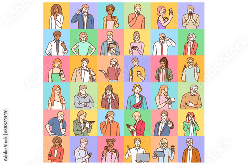Avatars, people diversity worldwide concept. Portraits of different people of various age and race doing everyday things and having various facial expressions isolated on colourful backgrounds