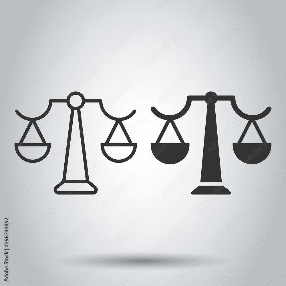 Scale balance icon in flat style. Justice vector illustration on white isolated background. Judgment business concept. Scale balance icon in flat style. Justice vector illustration on white isolated background. Judgment business concept.