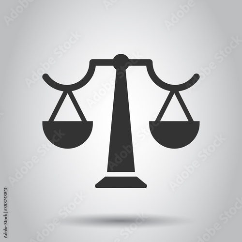 Scale balance icon in flat style. Justice vector illustration on white isolated background. Judgment business concept.