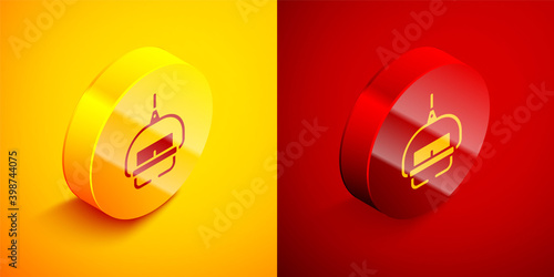 Isometric Ski lift icon isolated on orange and red background. Circle button. Vector.