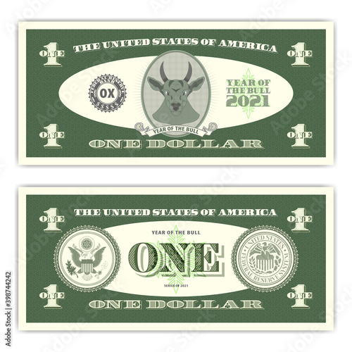 Fictional paper money in the style of US dollars. Year of the bull 2021. Obverse and reverse of the banknote. EPS10