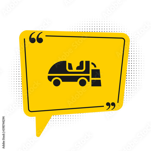 Black Ice resurfacer icon isolated on white background. Ice resurfacing machine on rink. Cleaner for ice rink and stadium. Yellow speech bubble symbol. Vector.