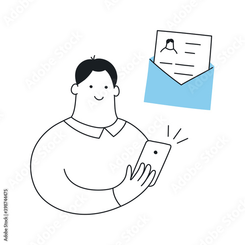 Cute outline male sending a CV via email for a vacant position. Recruitment, the concept of human resources management. Flat line vector illustration on white.