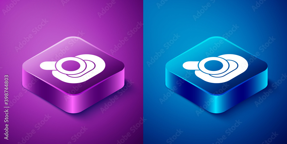 Isometric Hearing aid icon isolated on blue and purple background. Hearing and ear. Square button. Vector. Isometric Hearing aid icon isolated on blue and purple background. Hearing and ear. Square button. Vector.