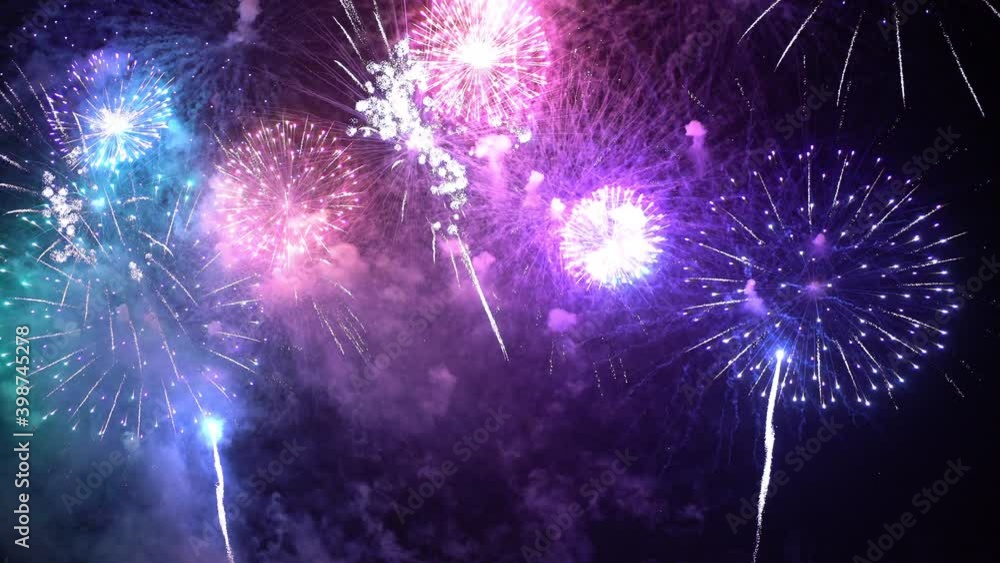 4K Real Fireworks Explosion on Smoke Foggy black Motion Background loop ...