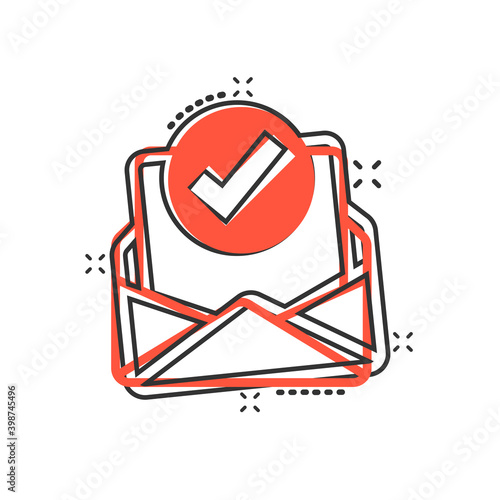 Envelope with confirmed document icon in comic style. Verify cartoon vector illustration on white isolated background. Receive splash effect business concept.
