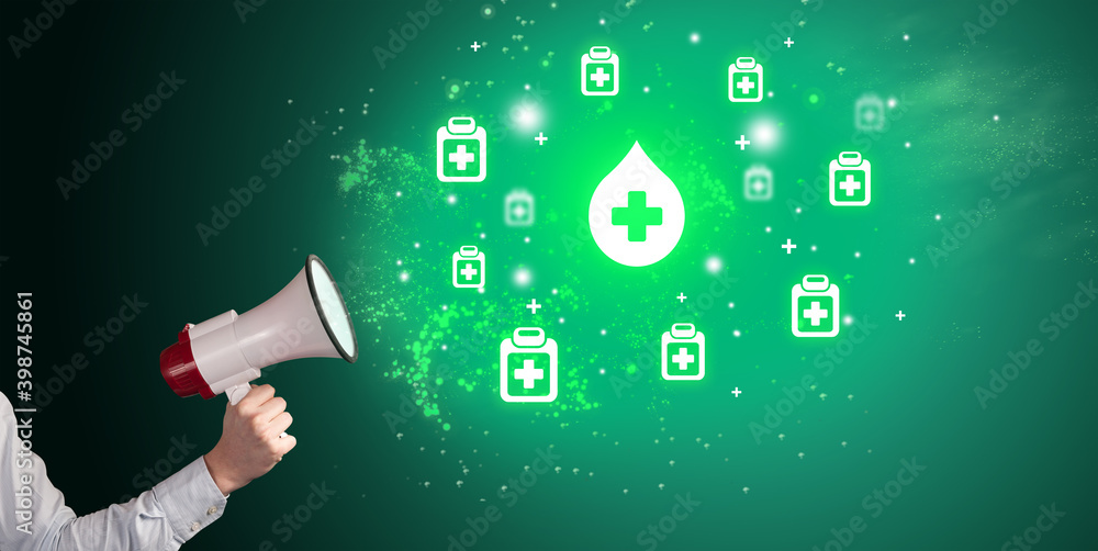 Young person shouting in megaphone and blood donation icon, medical concept Young person shouting in megaphone and blood donation icon, medical concept