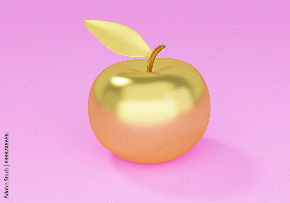 Naklejka Jasnożółte złote jabłko na różowym tle, jabłko młodości, jabłko nieśmiertelności, render 3d