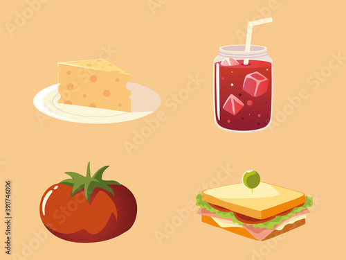 food icons set tomato juice sandwich and cheese