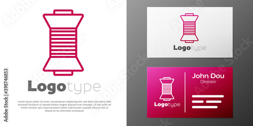 Logotype line Sewing thread on spool icon isolated on white background. Yarn spool. Thread bobbin. Logo design template element. Vector Illustration