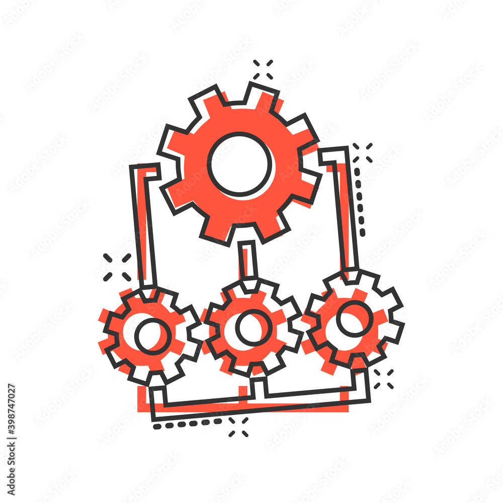 Improvement icon in comic style. Gear project cartoon vector illustration on white isolated background. Productivity splash effect business concept.
