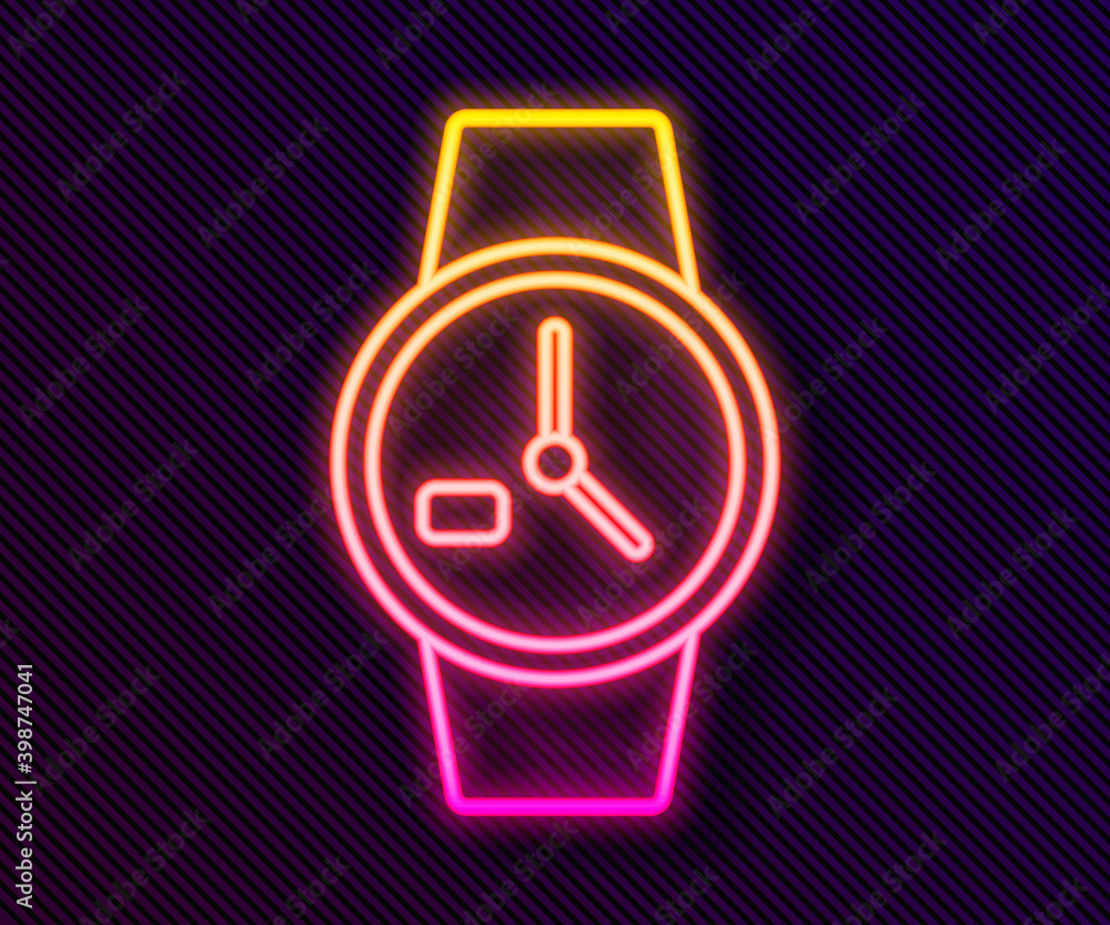 Glowing neon line Wrist watch icon isolated on black background. Wristwatch icon. Vector Illustration Glowing neon line Wrist watch icon isolated on black background. Wristwatch icon. Vector Illustration