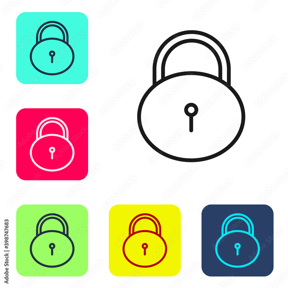 Black line Lock icon isolated on white background. Padlock sign. Security, safety, protection, privacy concept. Set icons in color square buttons. Vector Illustration Black line Lock icon isolated on white background. Padlock sign. Security, safety, protection, privacy concept. Set icons in color square buttons. Vector Illustration