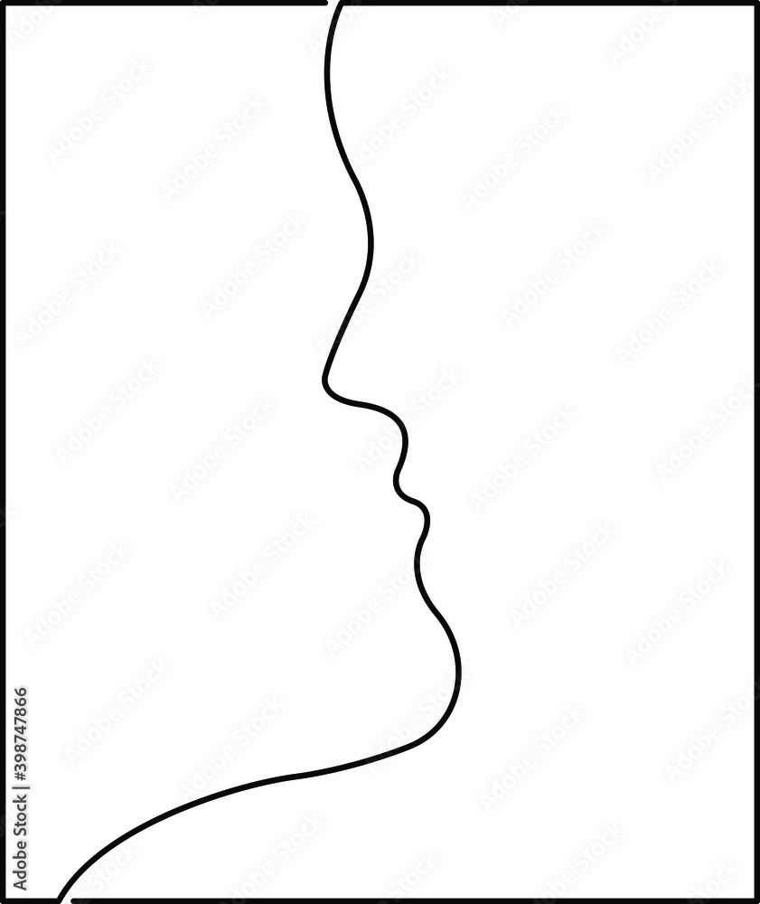 A silhouette of two faces kissing. Minimalist illustration. One line