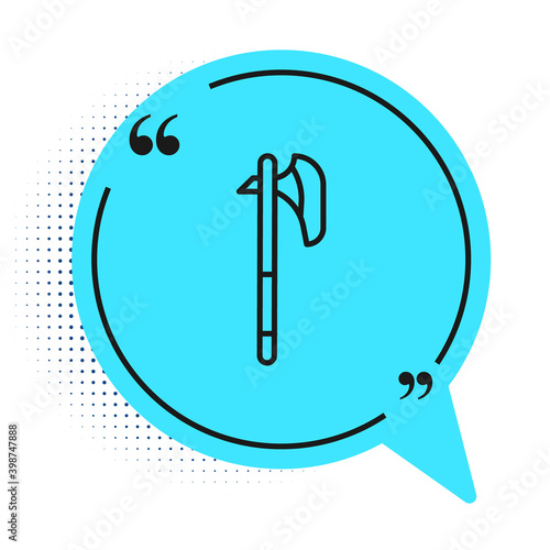 Black line Medieval axe icon isolated on white background. Battle axe, executioner axe. Medieval weapon. Blue speech bubble symbol. Vector.