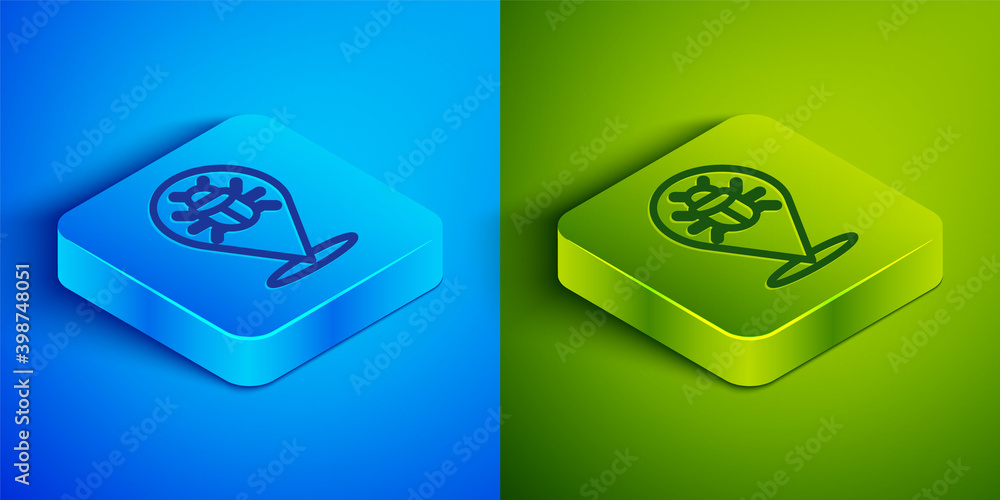 Isometric line System bug concept icon isolated on blue and green background. Code bug concept. Bug in the system. Bug searching. Square button. Vector. Isometric line System bug concept icon isolated on blue and green background. Code bug concept. Bug in the system. Bug searching. Square button. Vector.