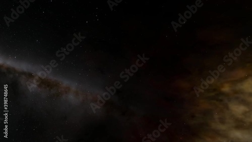 Exploration of galaxies through outer space towards a bright milky-way galaxy. 4K looping animation of flying through bright nebulae, clouds, and star fields. 