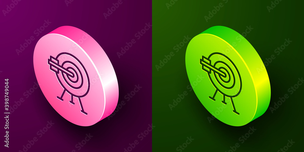 Isometric line Target with arrow icon isolated on purple and green background. Dart board sign. Archery board icon. Dartboard sign. Business goal concept. Circle button. Vector. Isometric line Target with arrow icon isolated on purple and green background. Dart board sign. Archery board icon. Dartboard sign. Business goal concept. Circle button. Vector.