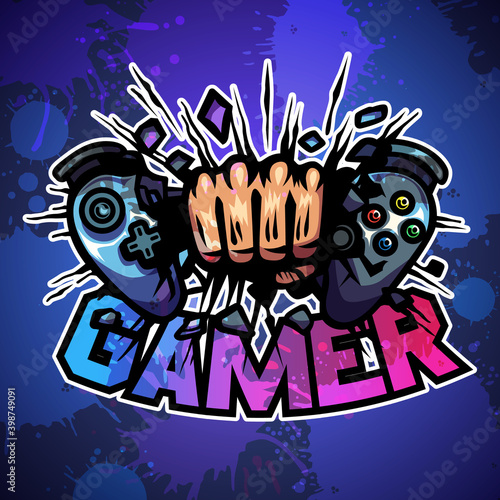 Hand crush on broken game joy pad, Mascot logo, Vector illustration