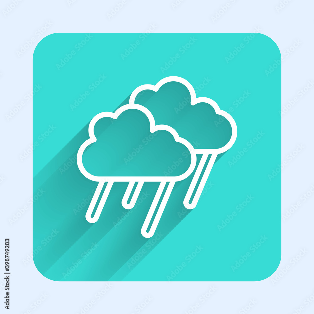 White line Cloud with rain icon isolated with long shadow. Rain cloud precipitation with rain drops. Green square button. Vector. White line Cloud with rain icon isolated with long shadow. Rain cloud precipitation with rain drops. Green square button. Vector.