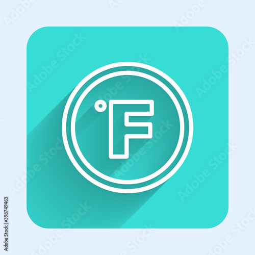 White line Fahrenheit icon isolated with long shadow. Green square button. Vector.