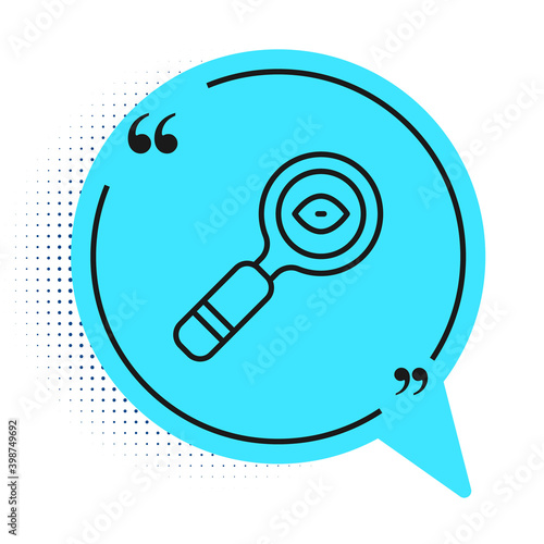 Black line Magnifying glass icon isolated on white background. Search, focus, zoom, business symbol. Blue speech bubble symbol. Vector.