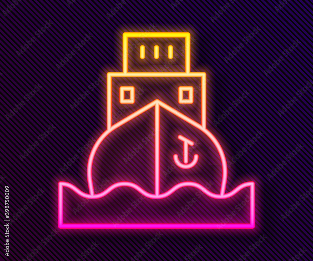 Glowing neon line Cargo ship icon isolated on black background. Vector. Glowing neon line Cargo ship icon isolated on black background. Vector.