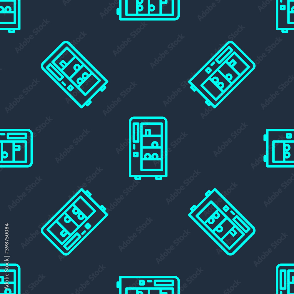 Green line Vending machine of food and beverage automatic selling icon isolated seamless pattern on blue background. Vector. Green line Vending machine of food and beverage automatic selling icon isolated seamless pattern on blue background. Vector.