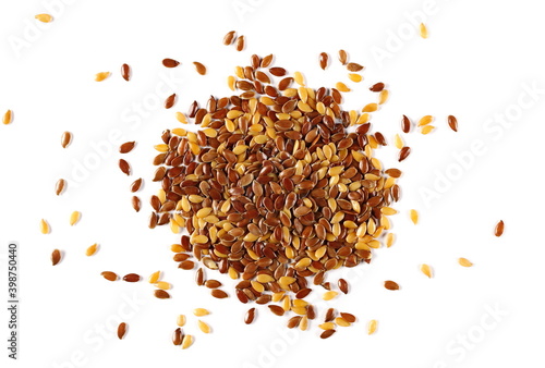 Mix golden linseed and brown flaxseeds, pile isolated on white background, top view