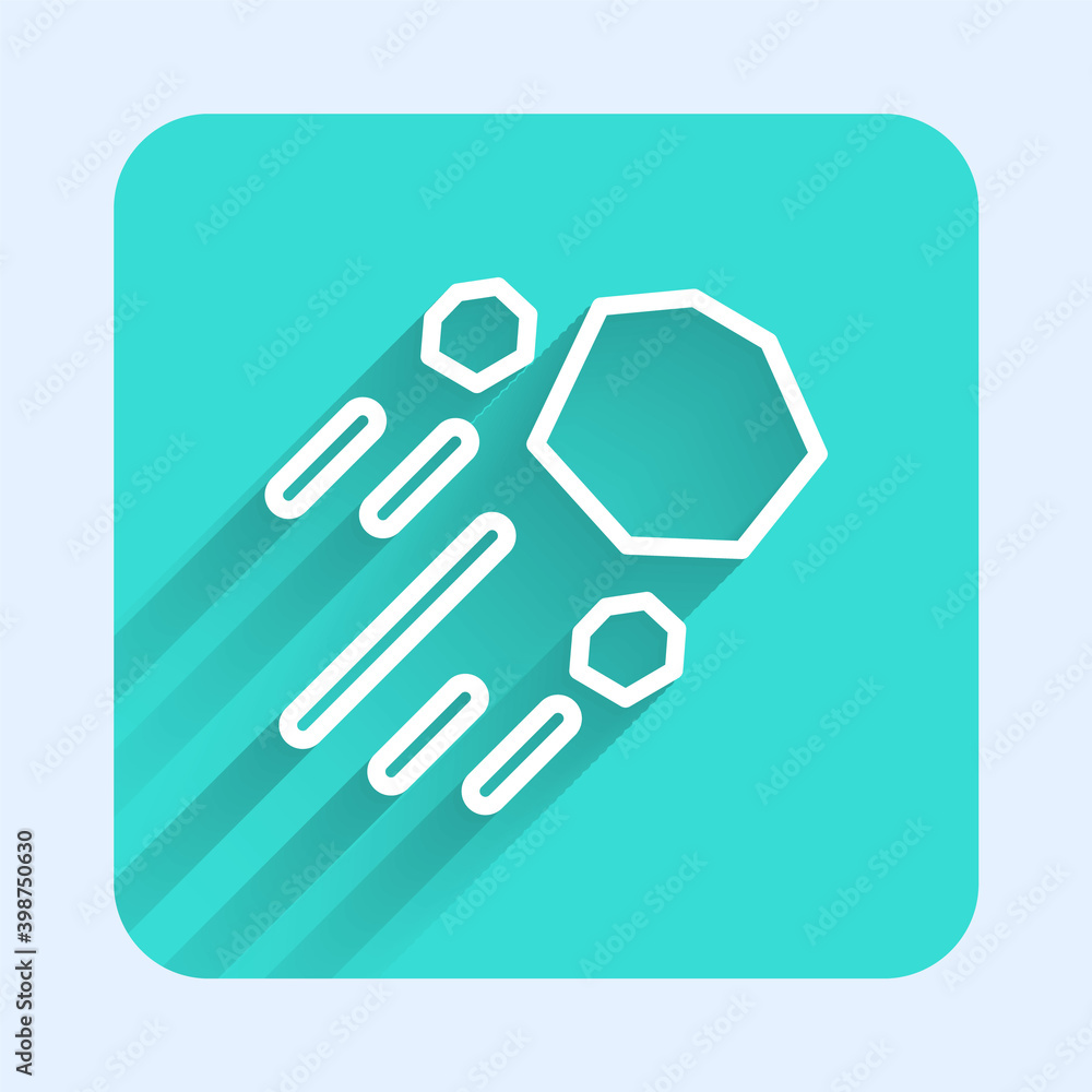 White line Flying stone icon isolated with long shadow. Green square button. Vector. White line Flying stone icon isolated with long shadow. Green square button. Vector.