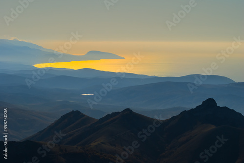 view from mount top to the sea bay at the sunrise, natural travel background © Yuriy Kulik