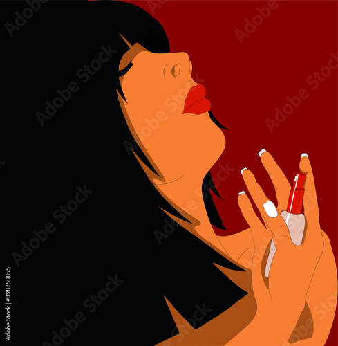 woman with perfume in her hand on a red background.