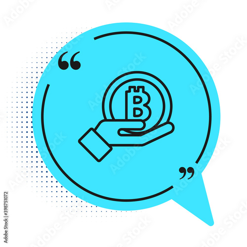 Black line Hand holding Bitcoin icon isolated on white background. Blockchain technology, digital money market, cryptocoin wallet. Blue speech bubble symbol. Vector.