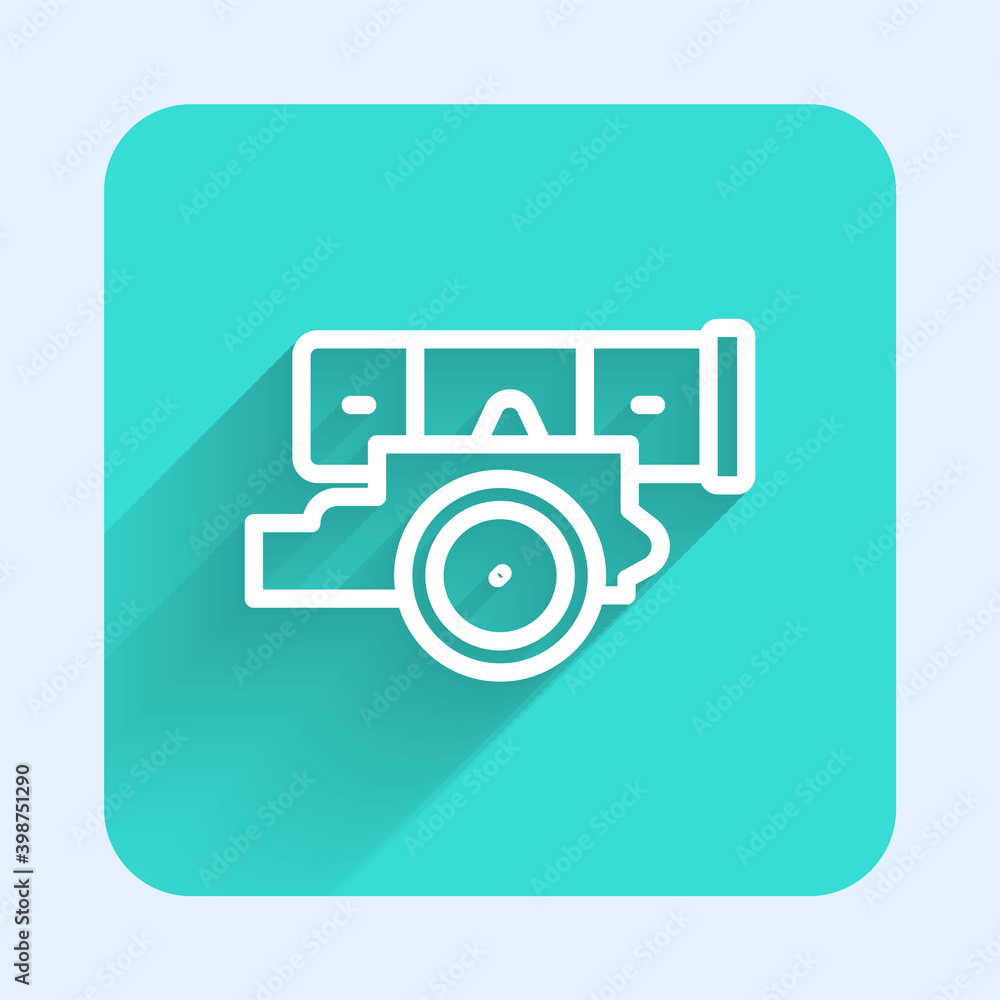 White line Cannon icon isolated with long shadow. Green square button. Vector.