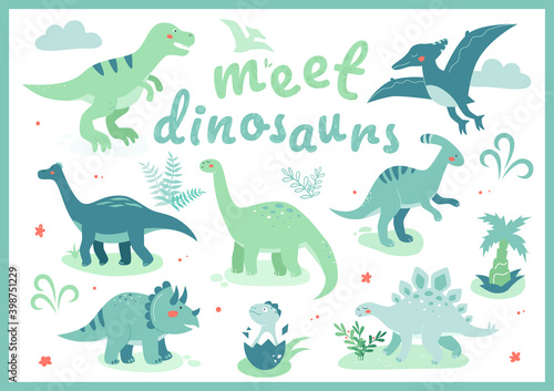 Meet dinosaurs - flat design style illustration with characters