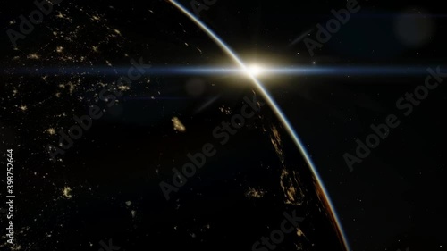 Beautiful sunrise over Earth. View from the space satellite. Cities at night. Change from Night to Day 3d Animation Rising Bright Sun. Modern business and technology concept. 4K Ultra HD.