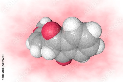 Molecular model of anisindione. Atoms are represented as spheres with conventional color coding: carbon (grey), oxygen (red), hydrogen (white). Scientific background. 3d illustration photo