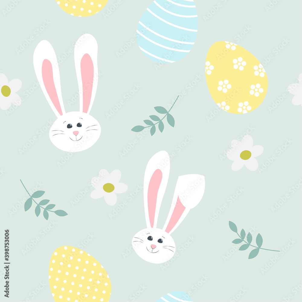 Seamless pattern with easter bunnies, colored eggs and flowers. Seamless pattern with easter bunnies, colored eggs and flowers.